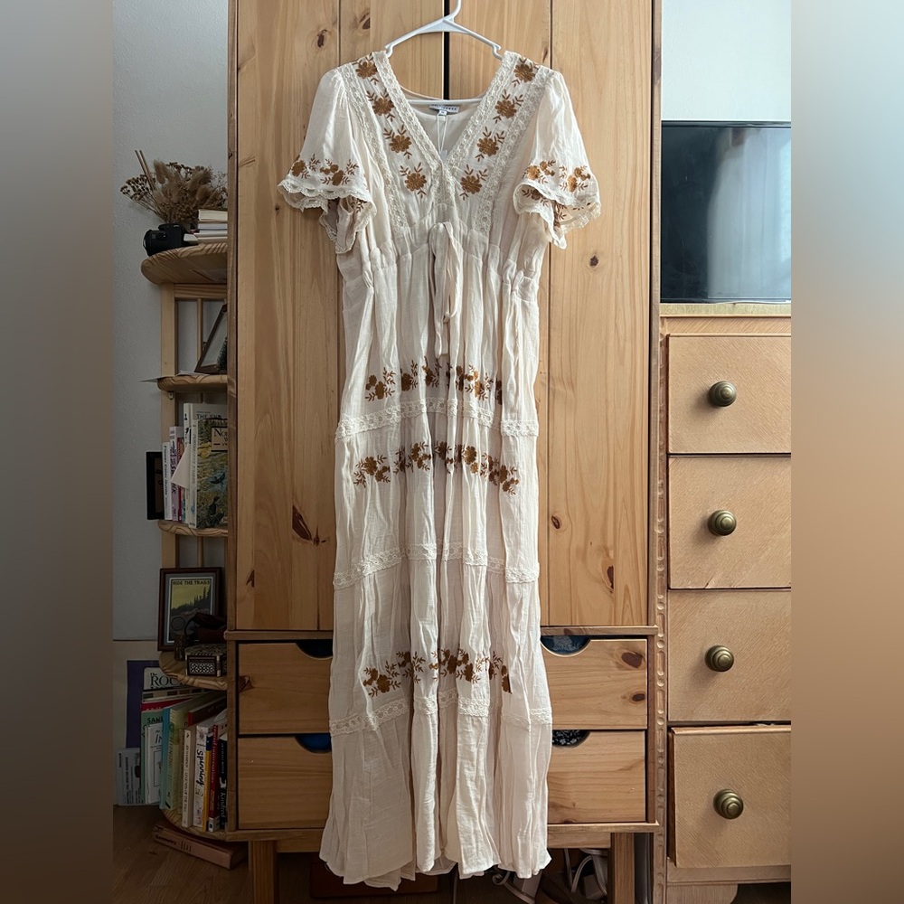 Baltic Born Cream Maxi Dress with Floral Embroidery